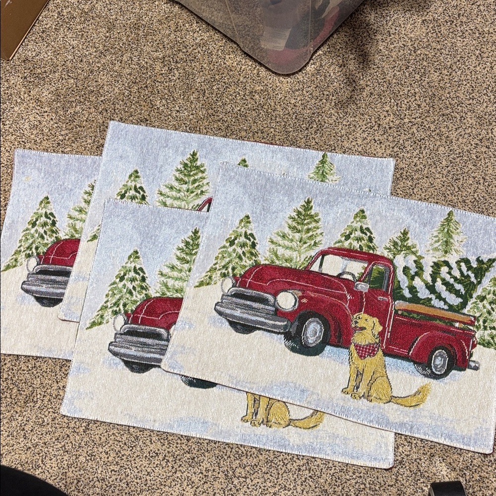 Kohl's Red Cotton Blend Fabric Placemats w/red truck and dog 18”x13.5”